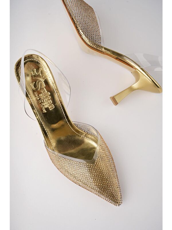 JULİET Kadın Sivri Burun Parlak Taşlı Arkası Açık Şeffaf Bantlı Topuklu Ayakkabı - Görsel 5