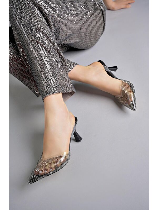 JULİET Kadın Sivri Burun Parlak Taşlı Arkası Açık Şeffaf Bantlı Topuklu Ayakkabı - Görsel 3