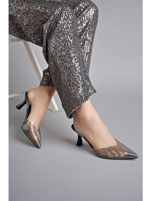 JULİET Kadın Sivri Burun Parlak Taşlı Arkası Açık Şeffaf Bantlı Topuklu Ayakkabı - Görsel 4