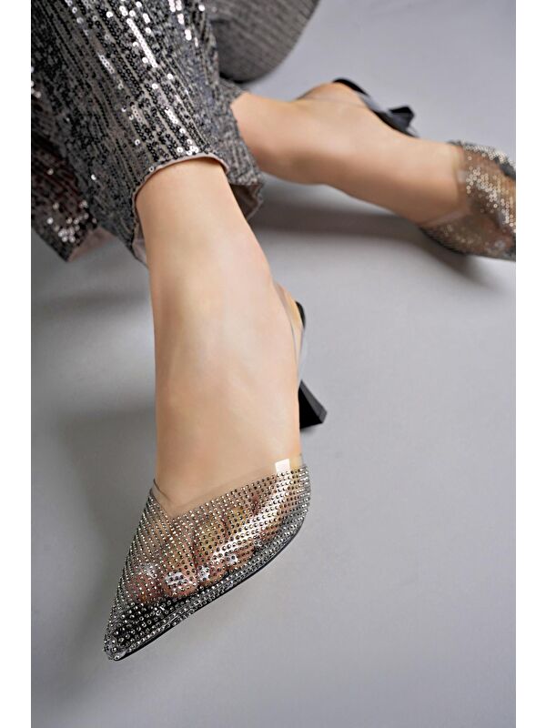 JULİET Kadın Sivri Burun Parlak Taşlı Arkası Açık Şeffaf Bantlı Topuklu Ayakkabı - Görsel 5