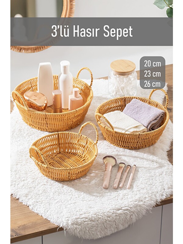 Porsima 304-B Yuvarlak 3'lü Hasır Sepet Dekoratif Ev Düzenleyici Hasır Sepet Seti Banyo Düzenleyici Sepet