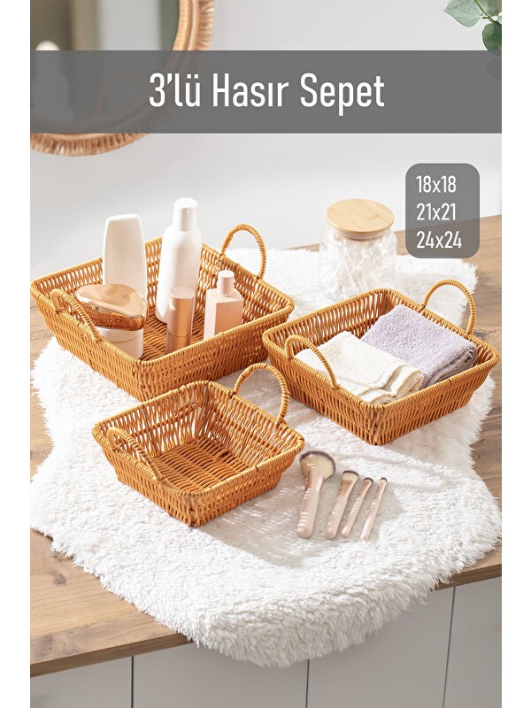 Porsima 303-D Kare 3'lü Hasır Sepet Dekoratif