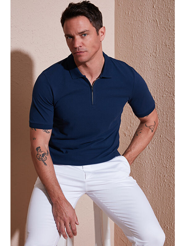 Buratti Pamuklu Regular Fit Yarım Fermuarlı Polo Yaka %100 Pamuk Tişört 5903008