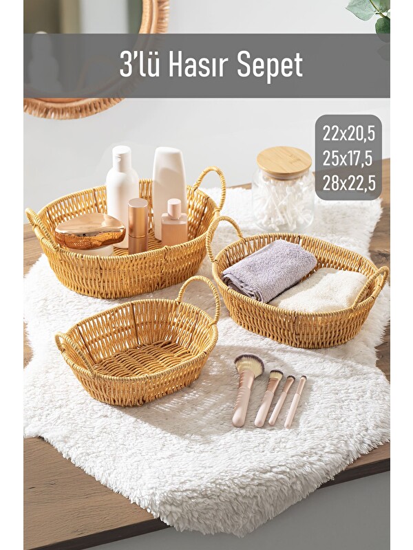 Porsima 302-B Oval 3'lü Hasır Sepet Dekoratif Ev Düzenleyici Hasır Sepet Seti Banyo Düzenleyici Sepet