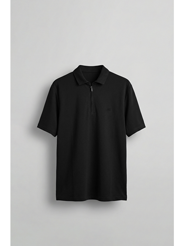 Abluka Online Erkek Slim Fit Yarım Fermuarlı Basic Polo Yaka T-Shirt Siyah