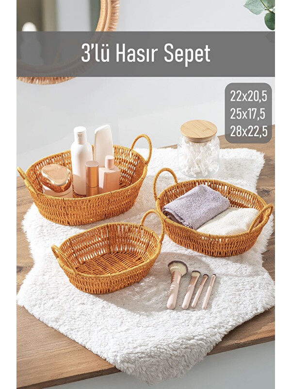 Porsima 302-A Oval 3'lü Hasır Sepet Dekoratif Ev Düzenleyici Hasır Sepet Seti Banyo Düzenleyici Sepet