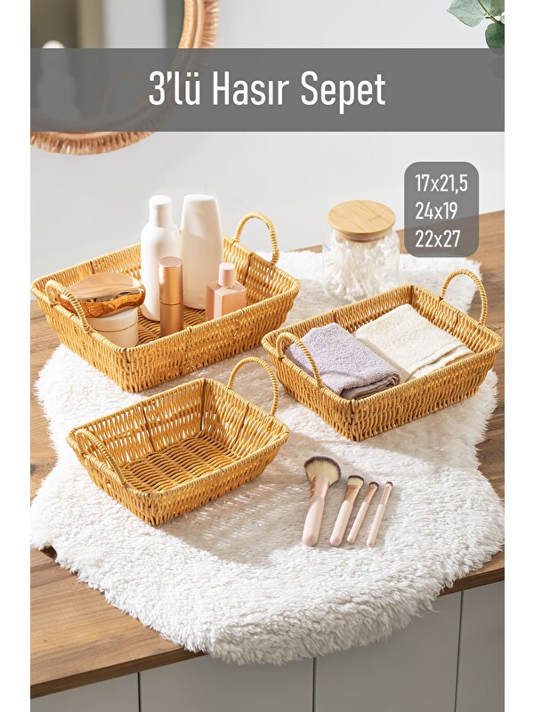 Porsima 301-C Dikdörtgen 3'lü Hasır Sepet Dekoratif Ev Düzenleyici Hasır Sepet Seti Banyo Düzenleyici Sepet