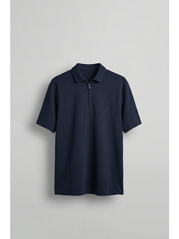 Abluka Online Erkek Slim Fit Yarım Fermuarlı Basic Polo Yaka T-Shirt Lacivert
