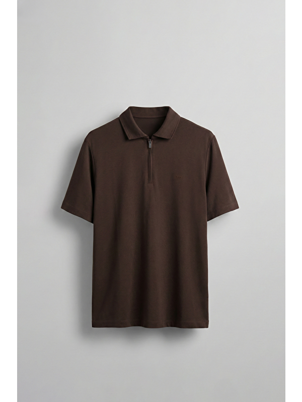 Abluka Online Erkek Slim Fit Yarım Fermuarlı Basic Polo Yaka T-Shirt Kahverengi