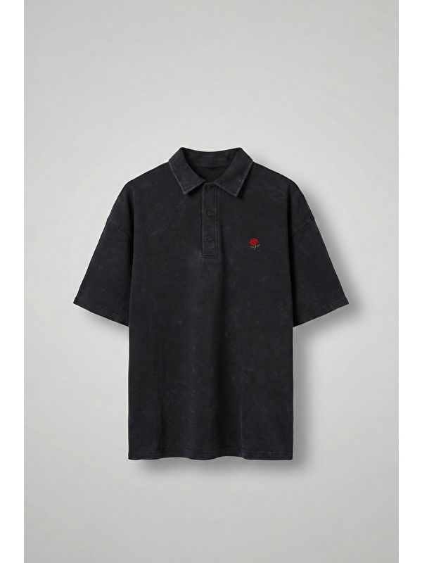 Abluka Online Erkek Oversize Yıkamalı Gül Nakışlı Polo Yaka T-Shirt Siyah