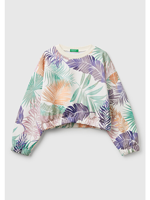 United Colors Of Benetton Kız Çocuk Desenli Logo Etiketli Ribanalı Sweatshirt