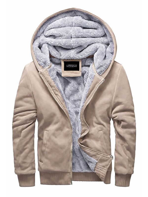 Madmext İçi Kürklü Bej Erkek Fermuarlı Sweatshirt Hırka 22377