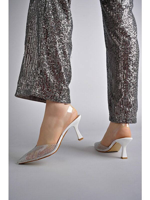 JULİET Kadın Sivri Burun Parlak Taşlı Arkası Açık Şeffaf Bantlı Topuklu Ayakkabı - Görsel 4