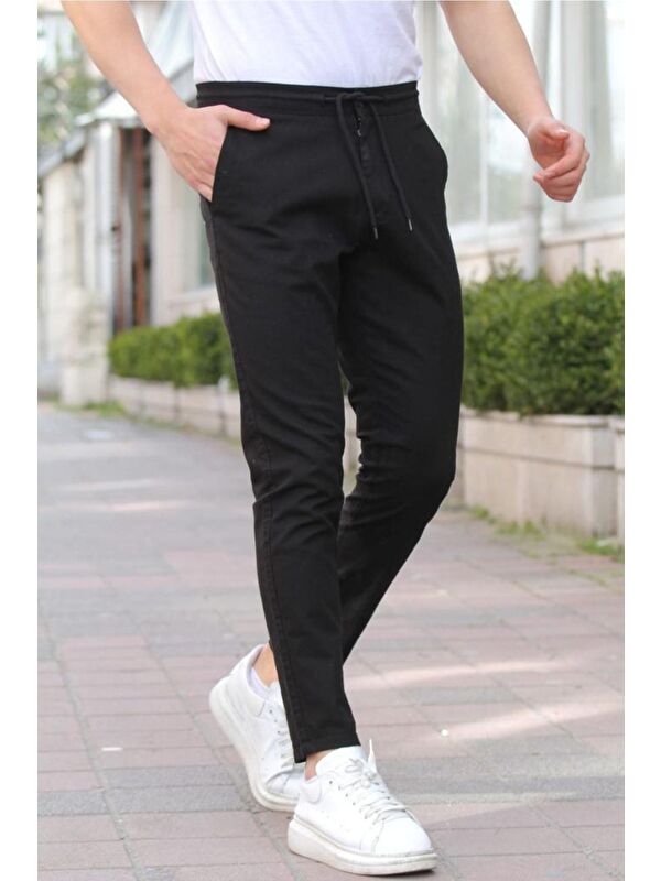 Tarz Cool Siyah Erkek Eganis Ipli Düğmeli Kumaş Pantolon jggrkmpnt01r0131