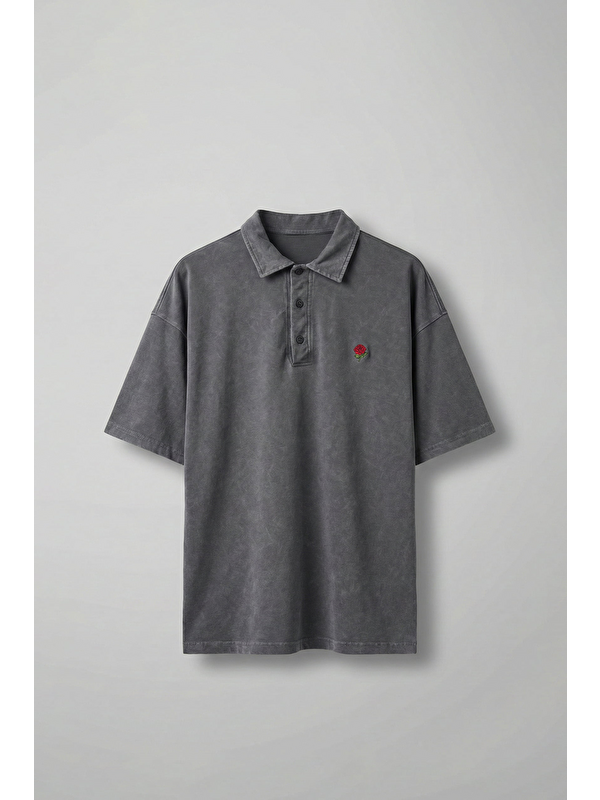 Abluka Online Erkek Oversize Yıkamalı Gül Nakışlı Polo Yaka Tişört Füme