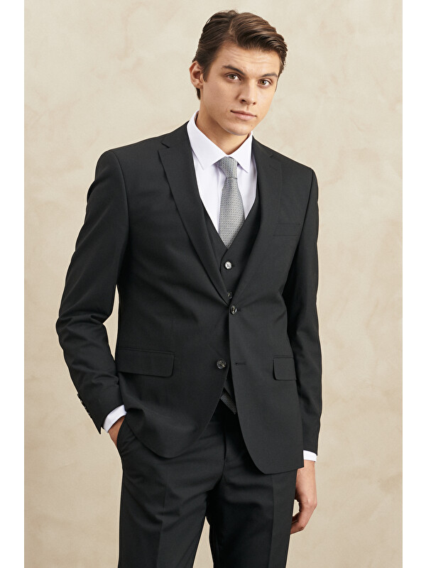 Altınyıldız Classics Erkek Siyah Su Geçirmez Slim Fit Dar Kesim Mono Yaka Yünlü Yelekli Nano Takım Elbise