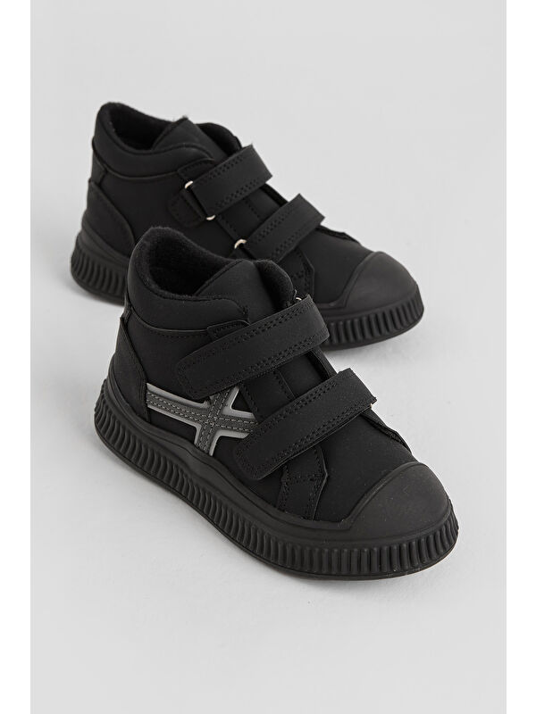 TONNY BLACK Çocuk Unisex Siyah Esnek Termo Taban Çift Cırtlı Şerit Desenli Spor Kısa Bot