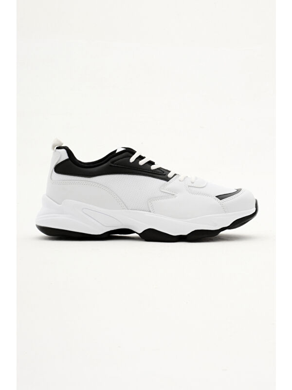 Unisex Beyaz Siyah File Rahat Kalıp Yüksek Poli Taban Bağcıklı Spor Ayakkabı - Görsel 2