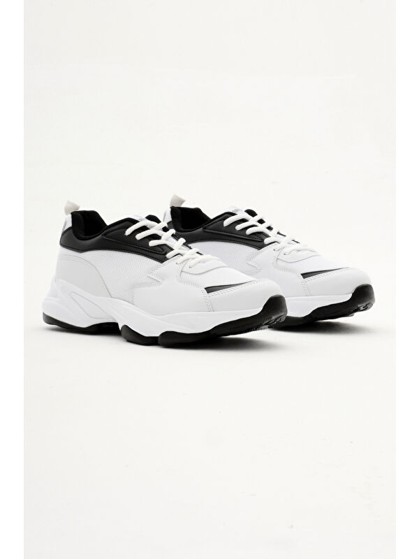 Unisex Beyaz Siyah File Rahat Kalıp Yüksek Poli Taban Bağcıklı Spor Ayakkabı - Görsel 3