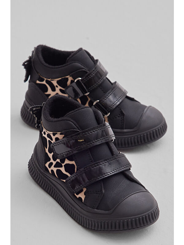 TONNY BLACK Çocuk Unisex Siyah Leopar Esnek Termo Taban Çift Cırtlı Şerit Desenli Spor Kısa Bot