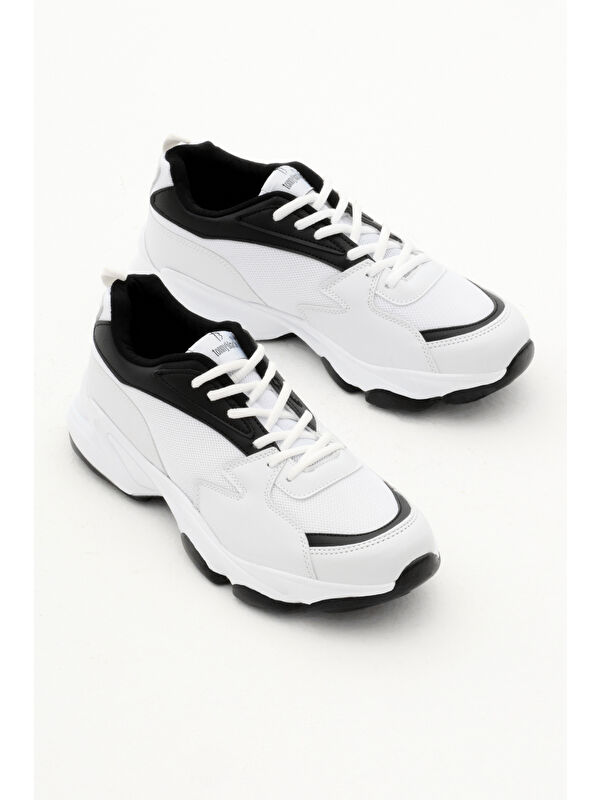 Unisex Beyaz Siyah File Rahat Kalıp Yüksek Poli Taban Bağcıklı Spor Ayakkabı - Görsel 4