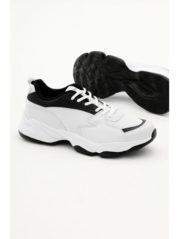 Unisex Beyaz Siyah File Rahat Kalıp Yüksek Poli Taban Bağcıklı Spor Ayakkabı - Görsel 5