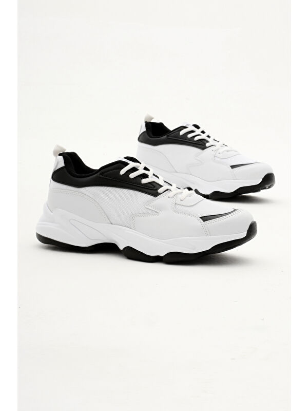 Unisex Beyaz Siyah File Rahat Kalıp Yüksek Poli Taban Bağcıklı Spor Ayakkabı - Görsel 6