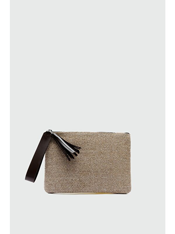 Shulebags Juno Püskül Detaylı Hasır Clutch Çanta Kahve