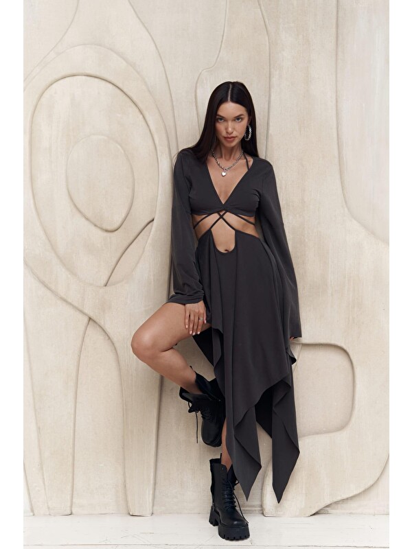 Mai Collection Coachella Antrasit Crop Elbise Takım