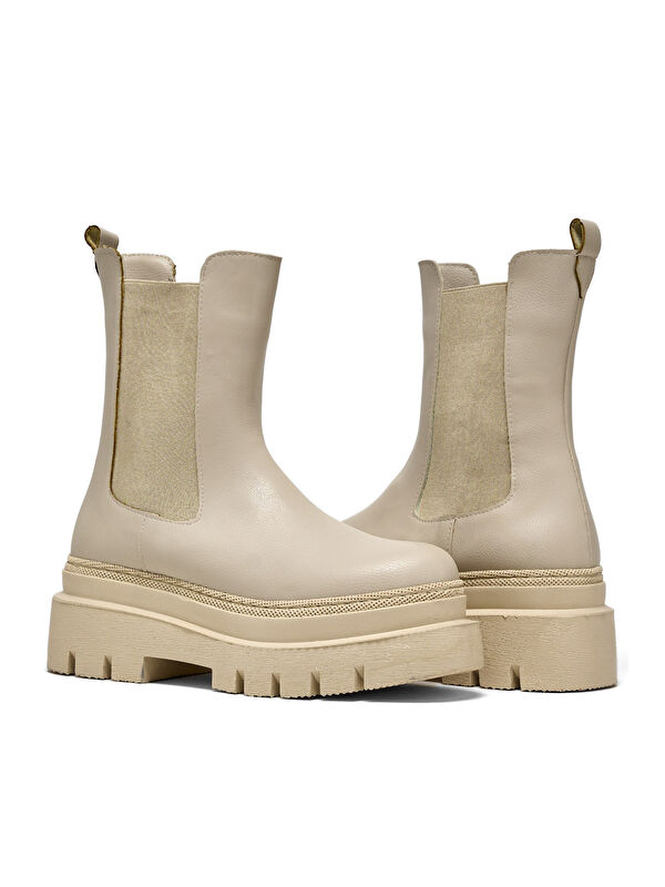 Kadın Bej Cilt Rahat Kalıp Yanı Lastikli Kalın Taban Bot - Görsel 6