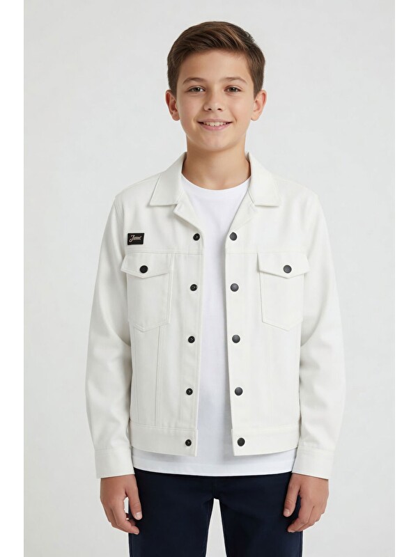 Cansın Mini Beyaz Erkek Çocuk Göğüs Cepli Gabardin Uzun Kol Ceket 24587