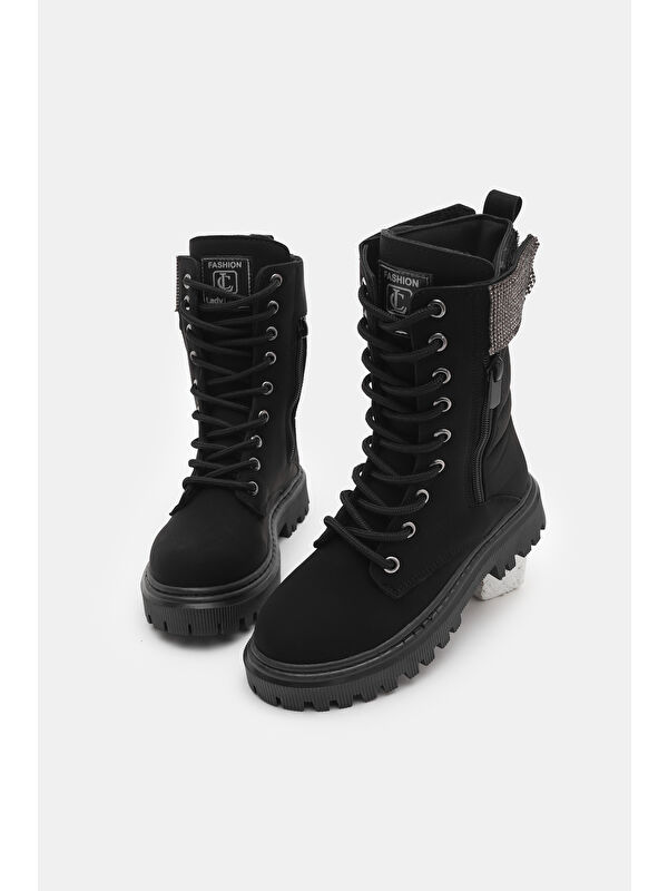 Kız Çocuk Siyah Mat Termo Taban Taş Detaylı Fermuarlı ve Bağcıklı Cırtlı Bot - Görsel 3