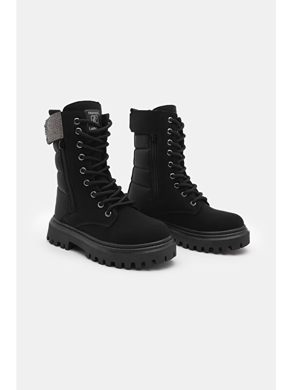 Kız Çocuk Siyah Mat Termo Taban Taş Detaylı Fermuarlı ve Bağcıklı Cırtlı Bot - Görsel 4