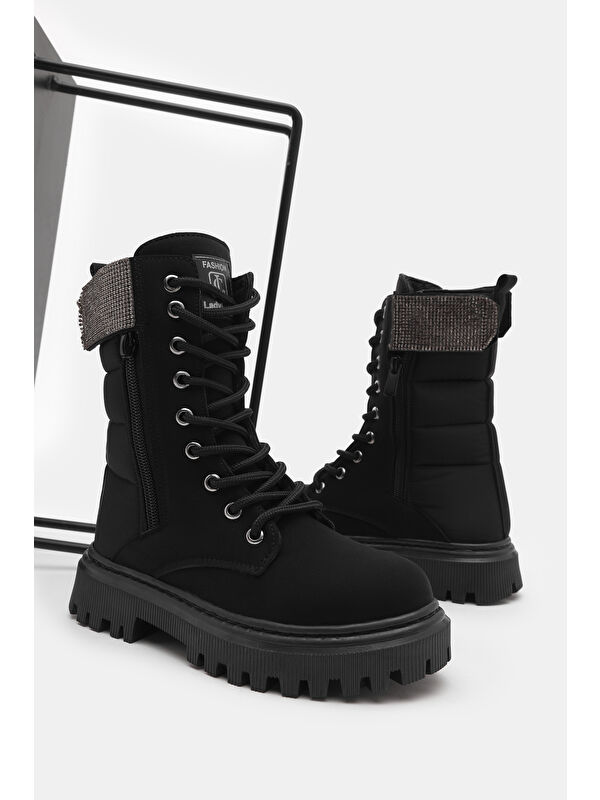 Kız Çocuk Siyah Mat Termo Taban Taş Detaylı Fermuarlı ve Bağcıklı Cırtlı Bot - Görsel 5