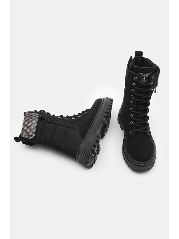 Kız Çocuk Siyah Mat Termo Taban Taş Detaylı Fermuarlı ve Bağcıklı Cırtlı Bot - Görsel 6