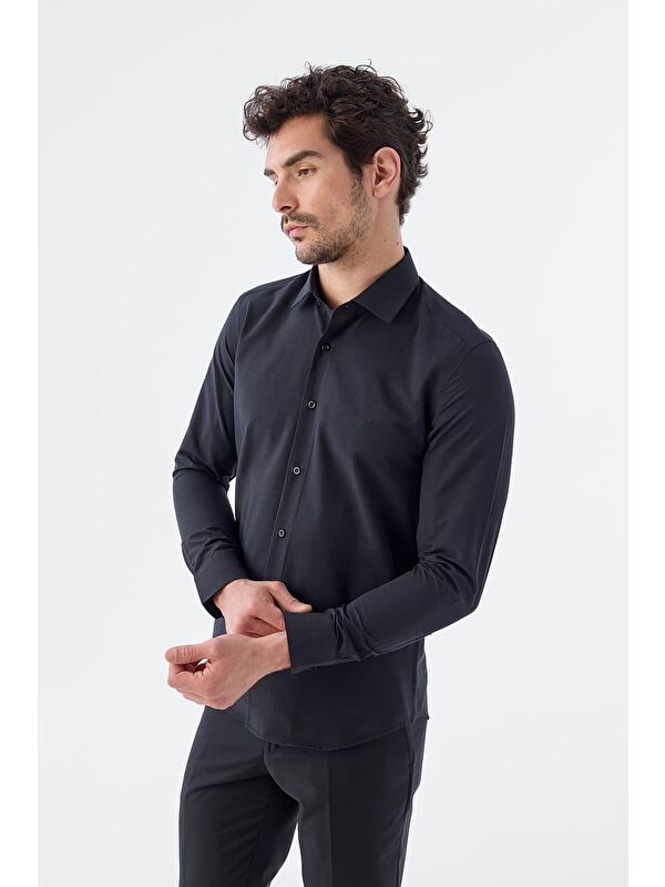JAKAMEN Siyah Slim Fit İtalyan Yaka Uzun Kol Klasik Kravatlık Pamuklu Gömlek