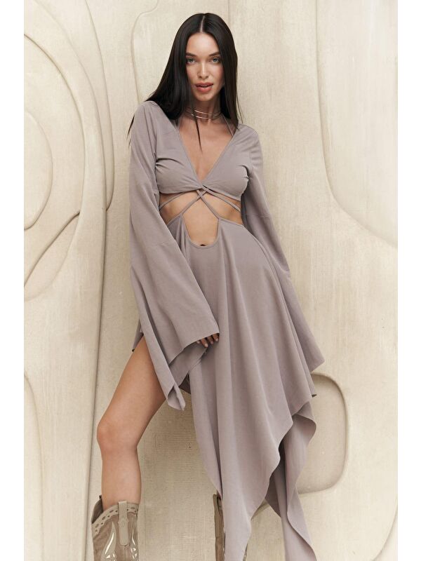 Mai Collection Coachella Gri Crop Elbise Takım