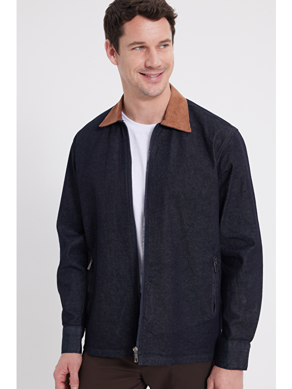 TUDORS Erkek Regular Fit Rahat Kesim Kadife Yaka Fermuarlı Denim Lacivert Ceket