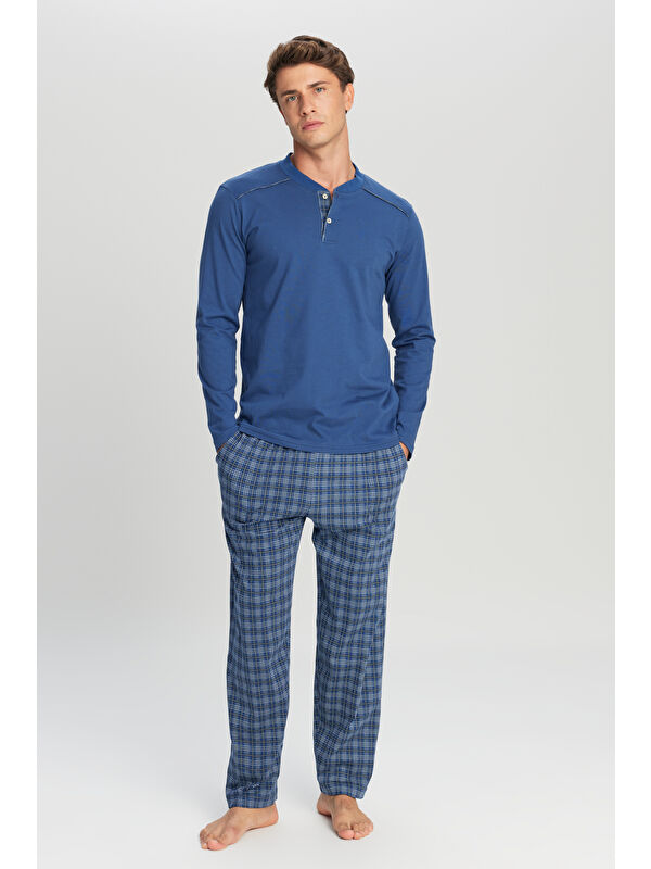 AC&Co / Altınyıldız Classics Erkek İndigo %100 Pamuk Standart Fit Hakim Yaka Desenli Cepli Pijama Takımı
