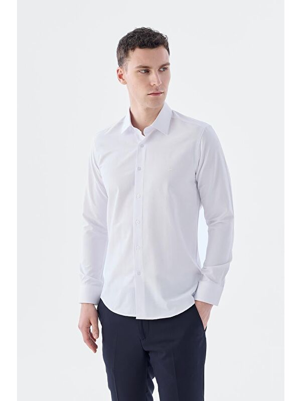 JAKAMEN Beyaz Slim Fit İtalyan Yaka Uzun Kol Klasik Kravatlık Pamuklu Gömlek