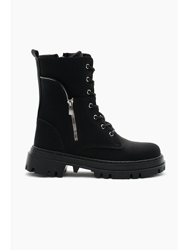 Kadın Siyah Mat Termo Taban Yanı Fermuar Desenli Bağcıklı ve Fermuarlı Bot - Görsel 2