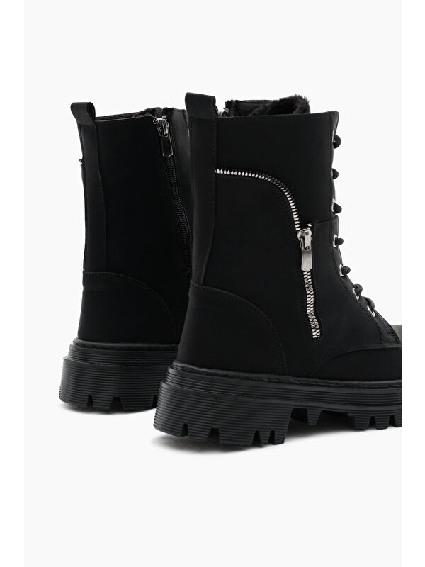 Kadın Siyah Mat Termo Taban Yanı Fermuar Desenli Bağcıklı ve Fermuarlı Bot - Görsel 6