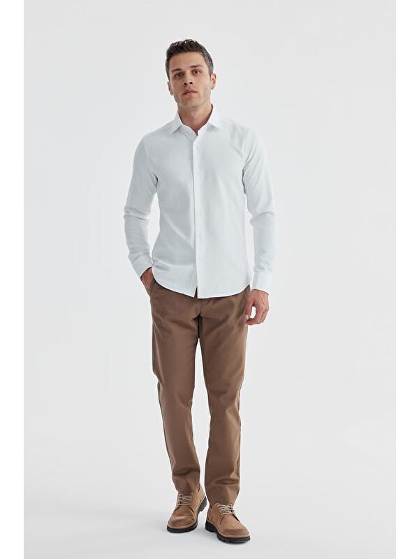 JAKAMEN Beyaz Slim Fit Desenli Klasik Kravatlık Pamuklu Gömlek