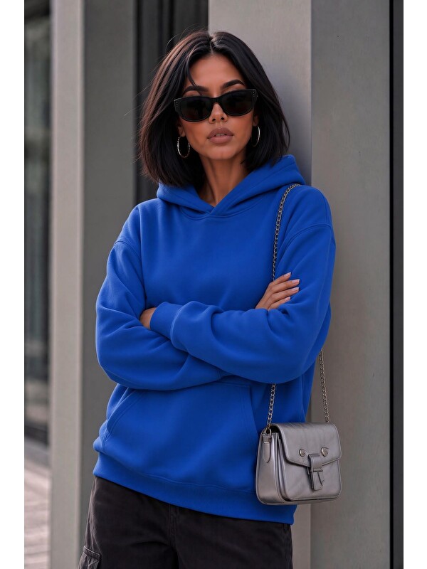 Oksit Bery Kadın İki İplik Şardonlu Oversize Kapüşonlu Basic Sweatshirt | Kanguru Cepli Düz Renk Günlük Ho