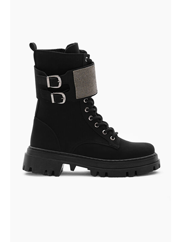 Kadın Siyah Mat Termo Taban Yanı Çift Tokalı Taşlı Bağcıklı ve Fermuarlı Bot - Görsel 3