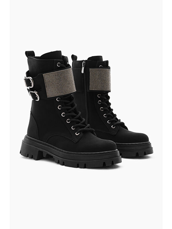 Kadın Siyah Mat Termo Taban Yanı Çift Tokalı Taşlı Bağcıklı ve Fermuarlı Bot - Görsel 4