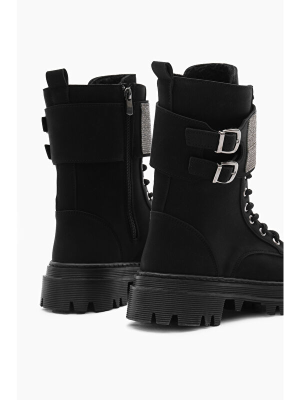 Kadın Siyah Mat Termo Taban Yanı Çift Tokalı Taşlı Bağcıklı ve Fermuarlı Bot - Görsel 6