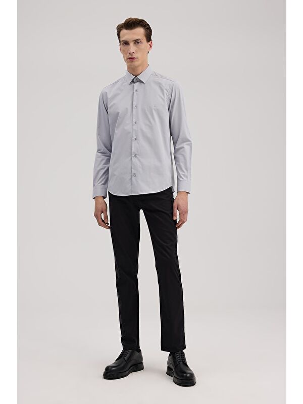 JAKAMEN Gri Slim Fit İtalyan Yaka Klasik Kravatlık Pamuklu Gömlek