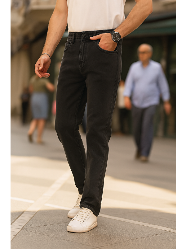Comstar Erkek Pamuklu Yüksek Bel Bol Siyah Baggy Jean Pantolon