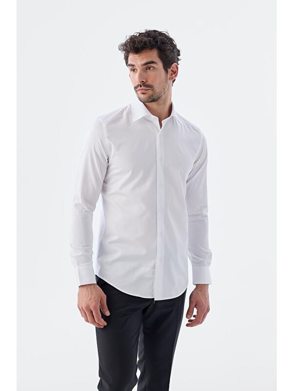 JAKAMEN Beyaz Slim Fit İtalyan Yaka Uzun Kol Klasik Kravatlık %100 Pamuk Saten Gömlek